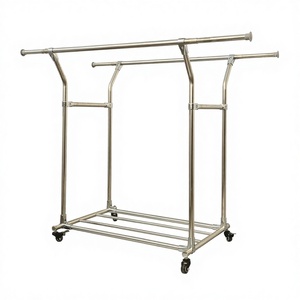 Cedar Space Double Rod Garment Telescopic <strong>Clothing</strong> Rack With Wheels Bottom Shelf Stainless Steel <strong>Heavy</strong> <strong>Duty</strong> - Product Image 1