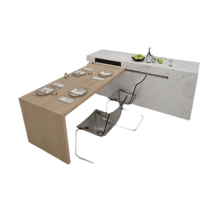 Modern L-Shape Kitchen Cabinet With Marble Top And Wooden <b>Table</b> Minimalist Design For Modular Kitchen - Product Image 1
