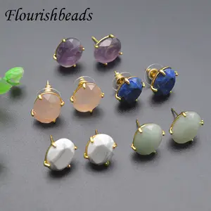 18K Gold Plated Natural Energy Stone Lapis Rose Quartz Faceted Oval Stud Earrings for Woman Girl Gift