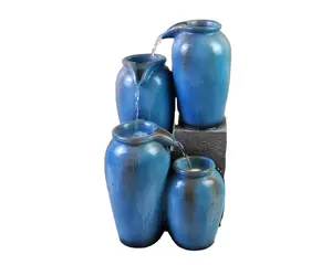 Air Mancur Taman Resin Empat Barel Glasir Biru Keramik, Air Mancur Tenaga Surya dengan Lampu Hangat