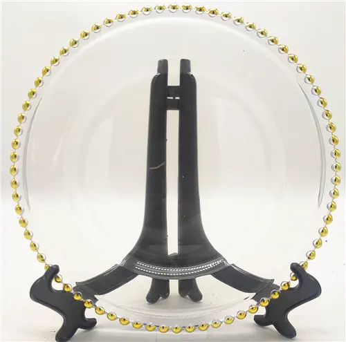 En gros pas cher prix haute qualité brillant luxe table décorative 13/11/8.2 pouces verre perlé/plaques de chargeur en plastique