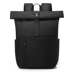 Laptop <b>Backpack</b> <b>Large</b> Capacity 20-35L Rolled Flap Unisex Black Solid Color Business Travel <b>Backpack</b> - Product Image 1