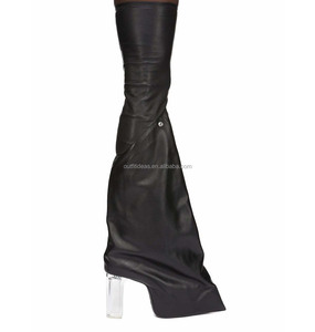 Bottes en cuir véritable FW25 Runway, au-dessus du genou, talon transparent de 12 cm, cuir extensible, chaussette serrée, cuir noir, bottes Taco Kiss - Product Image 4