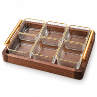 Ensemble de bols de service en noyer et verre avec 6 bols à bord doré et poignées pour bonbons, noix, fruits, apéritifs, décoration de table pour fêtes à domicile