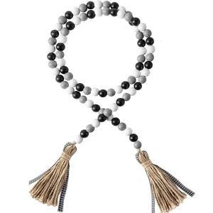 Etiqueta de borla de cuerda de cáñamo gris blanco y negro personalizada, guirnalda de cuentas de madera de granja hecha a mano - Product Image 2
