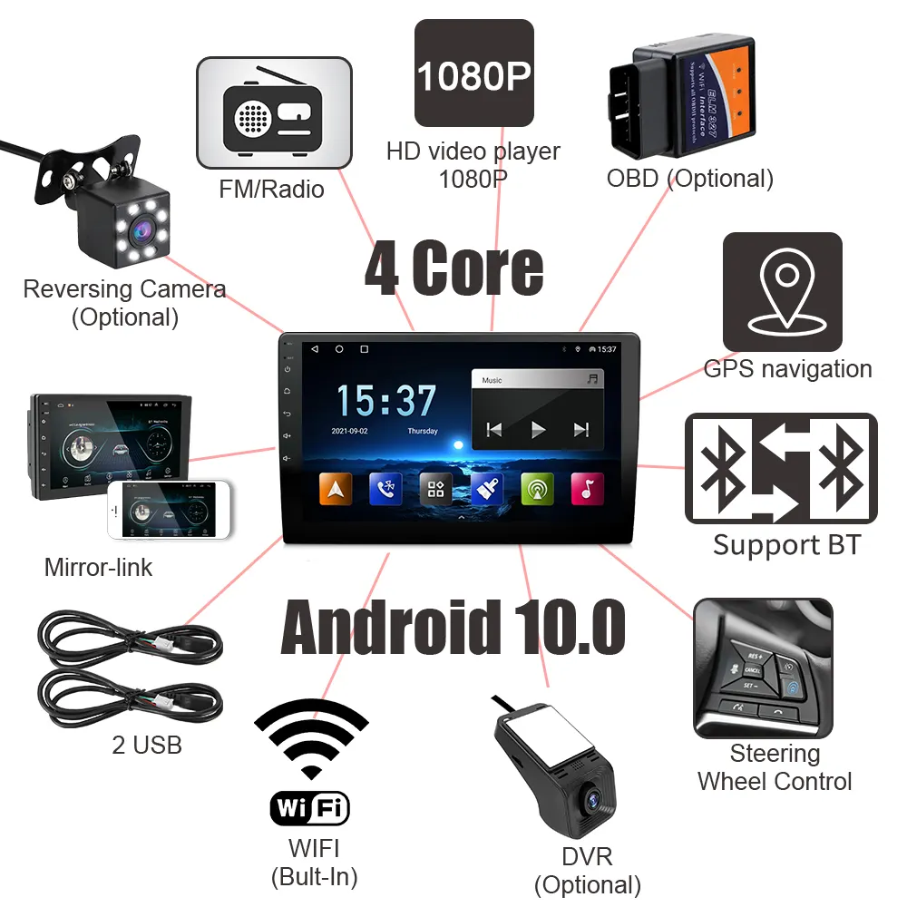 Krodo pemutar Multimedia mobil, Universal Android 9 "10" Carplay Radio mobil pemutar DVD layar sentuh Android 12 Built-in DSP nirkabel