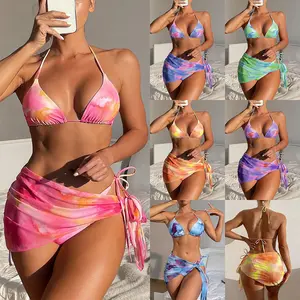 2023 nueva moda mujeres colorido bikini set 3pcs cubierta mujeres tamaño plus sexy tie dye traje de baño