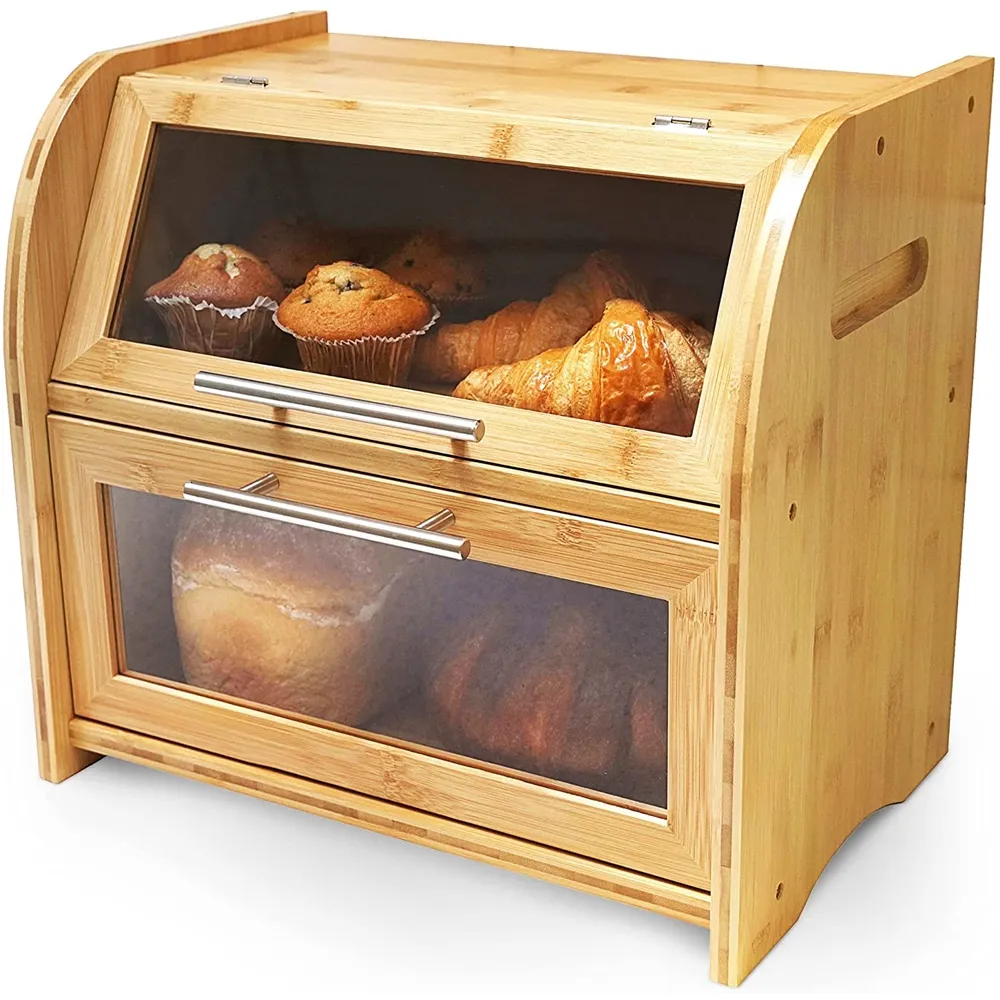 まな板蓋付き竹製パン箱開けやすい食品貯蔵容器