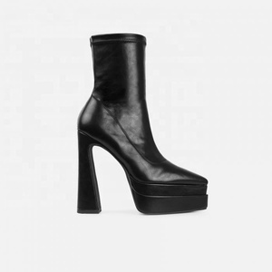 Custom Bright Patent <b>Shoes</b> Women's Daily Short Block High Heels Pointy Toe <b>Shoes</b> Double Platform Ankle Boots Side Zipper - Product Image 4