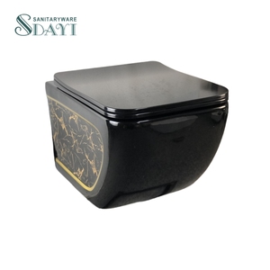 SDAYI baño de lujo sanitario negro con patrón de color dorado doble descarga una pieza porcelana WC colgado en la pared <span class=keywords><strong>Cister</strong></span> inodoro sin montura - Product Image 4