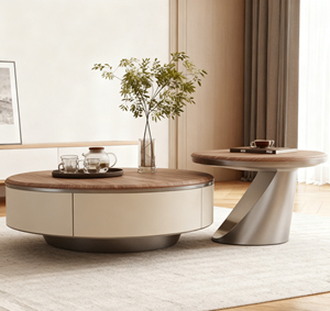 طاولة قهوة خشبية عتيقة من خشب البلوط/البتولا بلون الجوز مع درج وقاعدة من الفولاذ المقاوم للصدأ الذهبي - Product Image 4