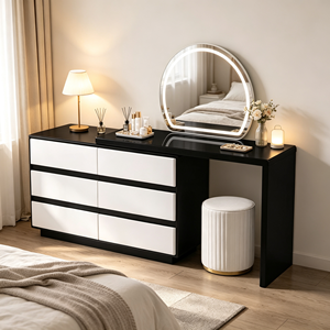 Coiffeuse moderne noire et blanche avec miroir LED rond, meuble de rangement et tabouret pour chambre à coucher - Product Image 2