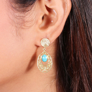Vintage Gold Plated Brass <b>Turquoise</b> Floral Filigree <b>Earrings</b>, Drop <b>Earrings</b> Party Wear Jewelry - Product Image 3