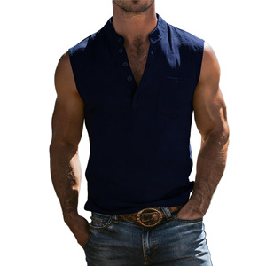 Men's Light Blue Sleeveless <b>Linen</b> Tank <b>Top</b> Mandarin Collar Button Front Casual Vest Breathable Woven Solid Color - Product Image 4