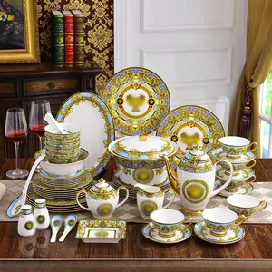 Luxury Blue Palace Dining Room Sets Dinnerware Sets Europe Bone China Wholesale 58 Pcs Dishes and Plates Brown Box Giveaways