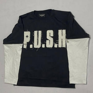 T-Shirt personnalisé pour hommes Vintage coton déchiré double couche manches longues gaufrées pierre dégradée lavage à l'acide sérigraphie - Product Image 2