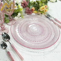 Assiettes de présentation rondes en verre rose cristal de 13 pouces, style vintage, à pois en relief, décoratives, pour mariages, hôtels et fêtes, vente en gros