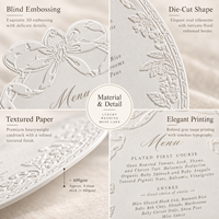 Carte de menu de mariage personnalisée découpée sur mesure, gaufrée, en papier coton épais, bordure florale ovale, cartes de menu imprimées personnalisées, vente en gros OEM