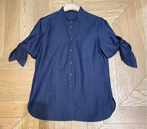 Camicie in Denim di cotone 100% 2025 camicette firmate estive da donna con collo alto e <span class=keywords><strong>Lurex</strong></span> con bottone Casual in tinta unita blu scuro - Product Image 3