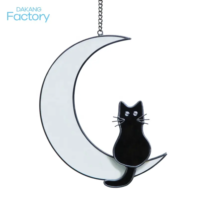 Memorial Gift Black Cat Decor On White Moon Suncatcher Stained Glass Window Hangings garden ornaments