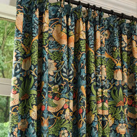 Rideaux occultants plissés William Morris Strawberry Thief motif Oiseaux Bleu Marine pour Chambre à Coucher, Vente en Gros au Mètre