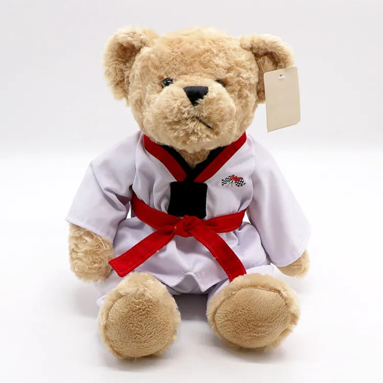 Mini oso de peluche, oso de peluche marrón con ropa de Taekwondo, juguetes de peluche personalizados, oso de peluche de Taekwondo