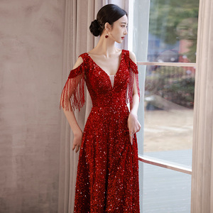 Vestido de Noche Elegante con Lentejuelas para Mujer, Color Vino Tinto, para Boda, Compromiso, Otoño, Talla Grande - Product Image 3