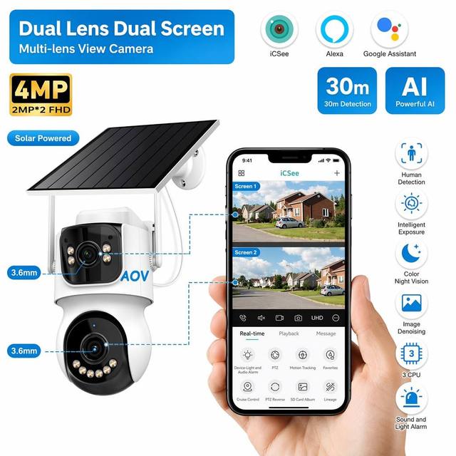 4MP 4G Solar Camera 10X Zoom Dual Lens Dual Screen 24/7 Recording Outdoor CCTV Security Surveillance System