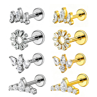 Labret sans filetage en titane ASTM F136 plaqué or 18K PVD, bijoux de piercing pour lèvre, boucles d'oreilles, clous d'oreille tragus en zircon