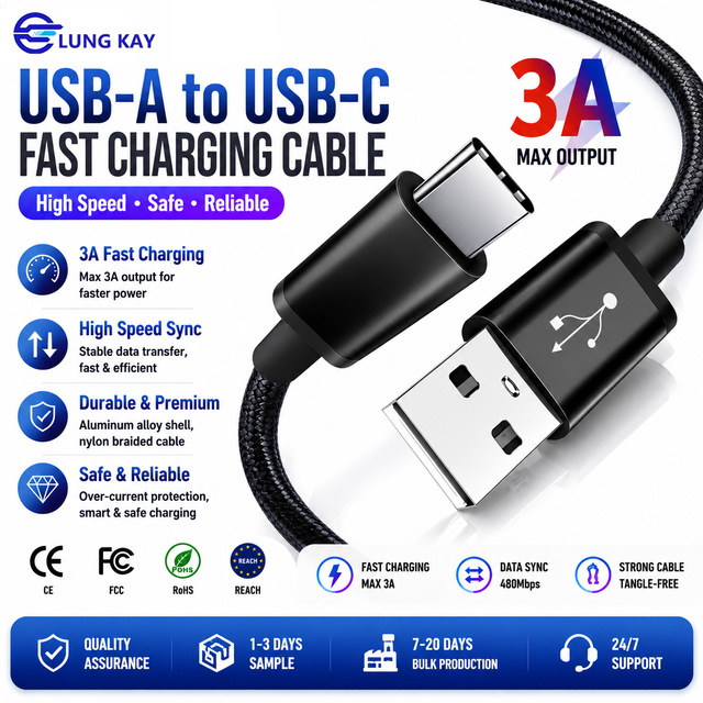 LUNG KAY 3A USB-A to USB-C Cable 6ft Durable Nylon Braided Fast Charging Cord 480Mbps Data Sync for Tablet Smartphone Power Bank