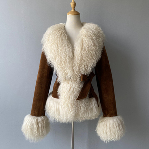Giacca <span class=keywords><strong>in</strong></span> Vera Pelle da <span class=keywords><strong>Donna</strong></span> Moda Autunno Inverno, <span class=keywords><strong>Cappotto</strong></span> <span class=keywords><strong>in</strong></span> Pelle Scamosciata <span class=keywords><strong>con</strong></span> Bordo <span class=keywords><strong>in</strong></span> <span class=keywords><strong>Pelliccia</strong></span> di Agnello Mongolo a Pelo Lungo - Product Image 4