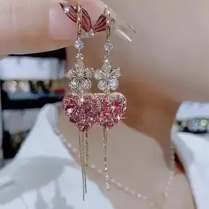 Wholesale Diamond Flower Heart Ear Hooks Earring Jewelry Luxury Bling Rhinestone Crystal Chain Dangle Long Tassel Earrings Women