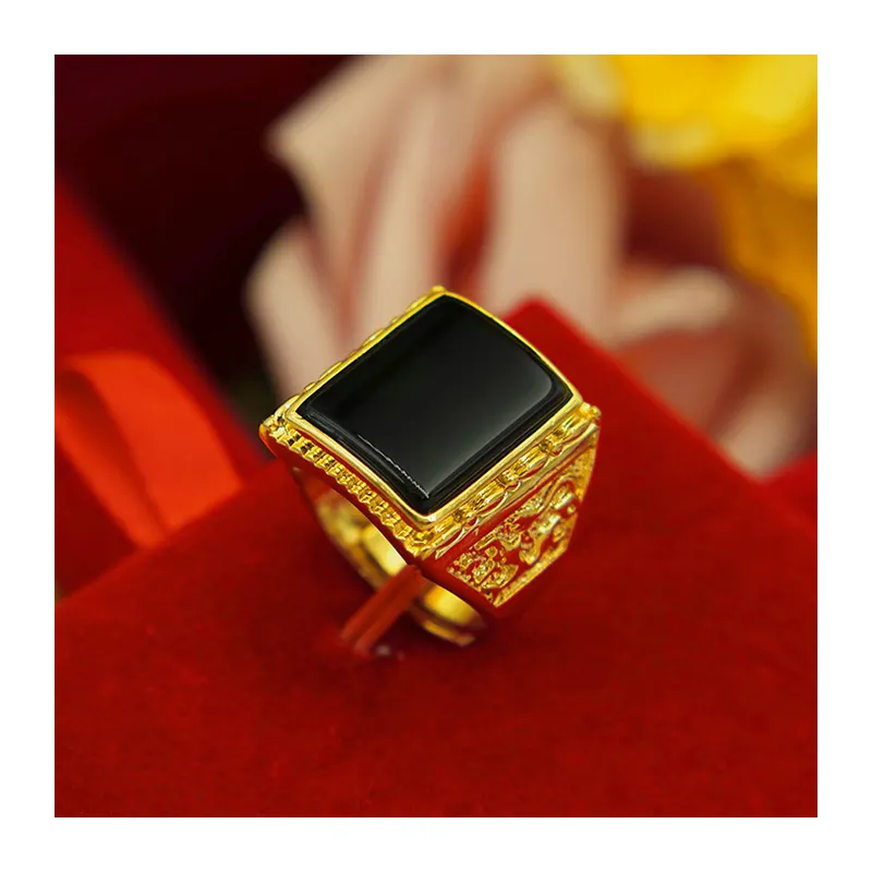 Men's Pure Brass Gold Plated Ring Long Lasting Color with Wholesale Jewelry Fashion Ring for Party Featuring Agate Gemstone