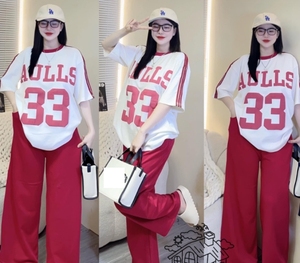 Completo Sportivo e Casual Alla Moda, Set Due Pezzi con Stampa, Maglia a Maniche Corte e Pantaloni a Gamba Larga, Leggero e Trendy - Product Image 2