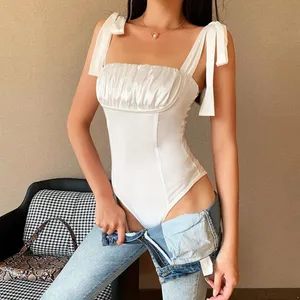 Enyami गर्म बेच फीता-अप बिना आस्तीन फैशन सेक्सी महिलाओं में सबसे ऊपर काले सफेद के लिए Pleated Backless Bodysuit