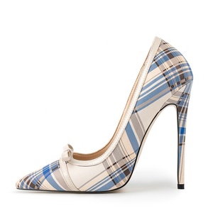 <b>Big</b> Size 47 Wide Fit Women Blue Plaid Stiletto <b>Bow</b> High Slim Heels Ladies Pointed Toe Pumps Dress Shoes - Product Image 1