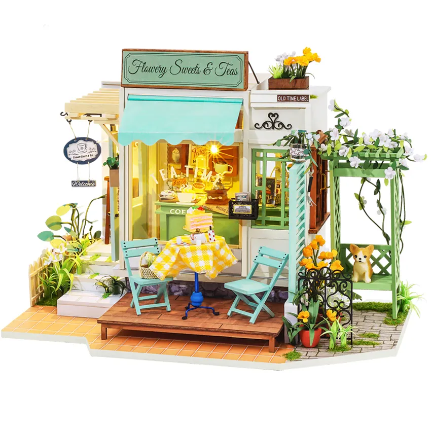 Robotime Rolife populer teka-teki kayu dewasa DG146 manis bunga & teh DIY miniatur rumah boneka barang hadiah