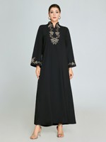 Abaya noire de créateur de mode avec broderie florale dorée col Mandarin robe longue à manches longues pour la fête et la tenue