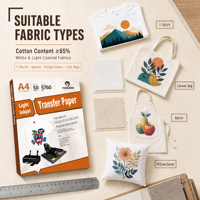 Papier transfert jet d'encre A4 en gros pour tissus en coton clairs, t-shirts, sacs, impression personnalisée DIY