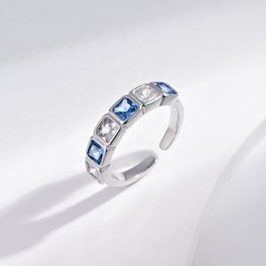 Anillo de plata de ley S925 al por mayor con piedra azul, circonita, ajustable, para mujer, a la moda, apilable, con zafiro. - Product Image 1
