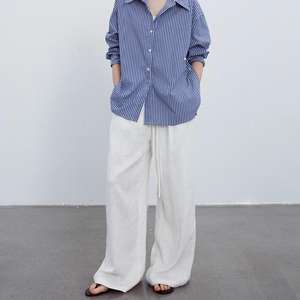 Camicia a maniche lunghe e <span class=keywords><strong>pantaloni</strong></span> dritti con motivo solido Set a due pezzi di <span class=keywords><strong>lino</strong></span> Casual alla moda - Product Image 3