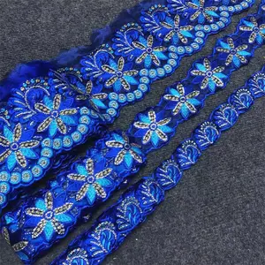 Beautifical Blue lace trimming sequins lace thread 15yards sewing embroidered african for Garment ML54NM21