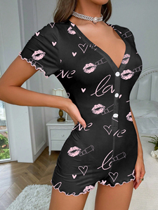 <span class=keywords><strong>Pyjama</strong></span> une pièce Sweet Love à imprimé lèvres, <span class=keywords><strong>pyjama</strong></span> boutonné à manches courtes et col en V pour <span class=keywords><strong>femme</strong></span>, <span class=keywords><strong>pyjama</strong></span> romantique - Product Image 3