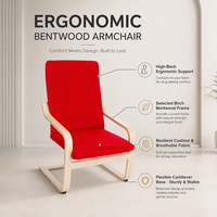 Fauteuil moderne en bois de bouleau courbé de style nordique, ergonomique, dossier haut, tissu rouge rembourré, fauteuil de relaxation pour salon