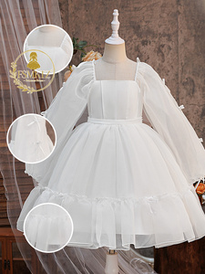 Abito da Principessa Formale a Maniche Lunghe con Motivi Floreali e Strati per Bambine, Vestito da Damigella Bianco - Product Image 2
