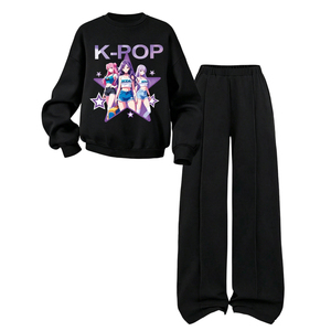 Completo alla moda per bambine: Felpa nera con stampa cartoon e pantaloni a gamba larga con elastico in vita - Set di abbigliamento casual e confortevole per bambini - Product Image 4