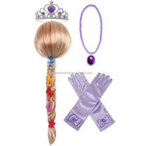 Liebesparty bezauberte Rapunzel blonde Perücke Prinzessin Rapunzel lila Krone Bogen Handschuh Halsketten-Set