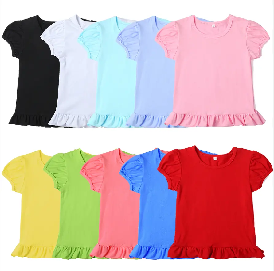OEM Factory Customized Summer Solid Color Puff Short Sleeves Girl Tee Top Shirt Girls 100% Cotton Plain White T-shirt for Kids