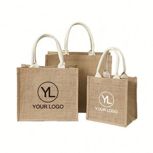Bolsas de Compras de Yute Reutilizables con Logotipo Personalizado, Bolsa de Regalo de Arpillera Laminada para Paquetes de Bienvenida de Boda - Product Image 1