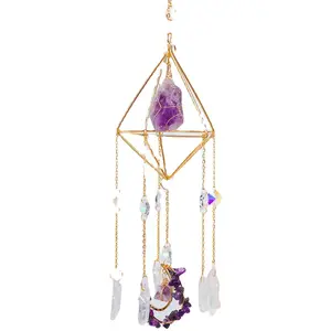 天然原石紫水晶粉色水晶装饰七彩照明球客厅摆件风铃